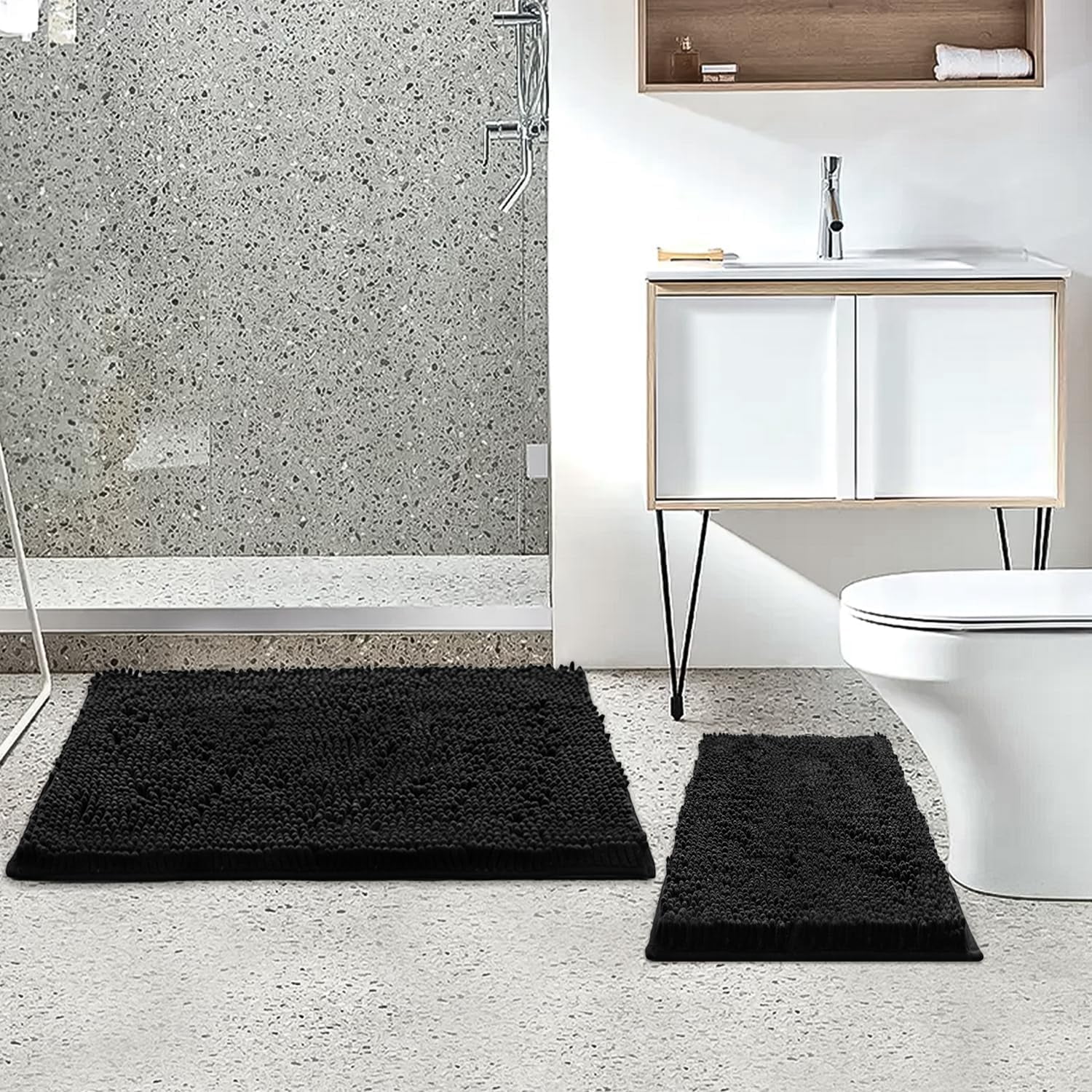 Bathroom Rugs Sets 2 Piece, Ultra Soft Absorbent Bath mat Chenille Bathroom Rug, Antiskid Bath mats Washable Bathroom mat (20x32 inch + 16x24 inch) Black