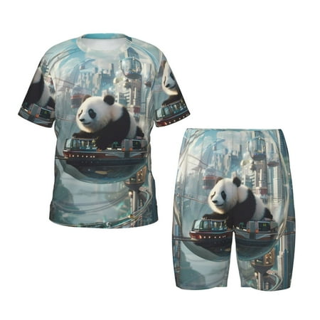 Luyuia Panda In Futuristic City Print Girls  2-Piece Tie-Dye Pajama Set  Cute Summer Loungewear with Shirt and Tank Shorts Nightwear-XX-Large