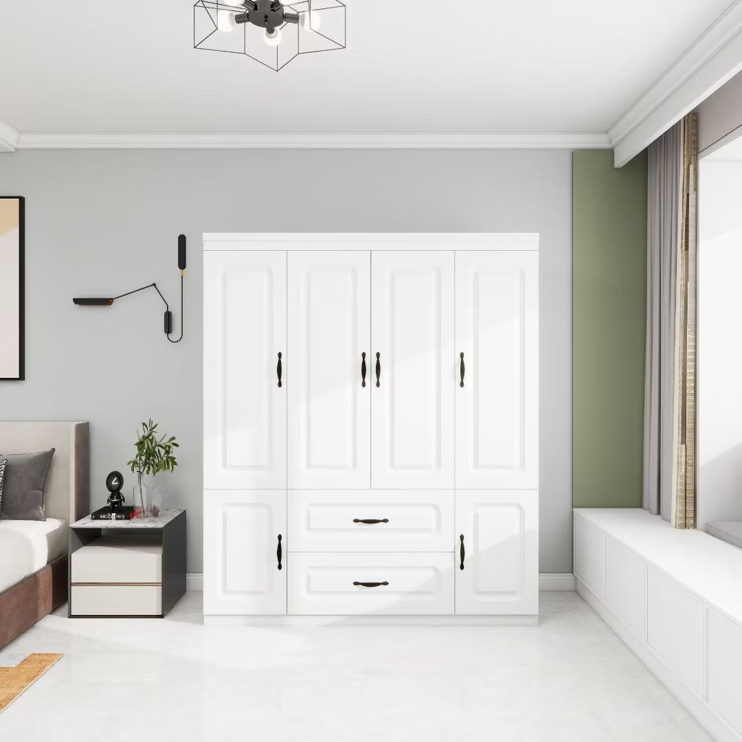 VivaVista 4-Door Wardrobe Armoire Closet, Modern White Wood Storage Cabinet with Hanging Rods & Drawers