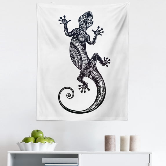 Gecko Tapestry, Lizard with Motifs Flowers and Ombre Effect Backdrop, Fabric Wall Hanging Decor for Bedroom Living Room Dorm, 5 Sizes, Pale Grey White, by Ambesonne