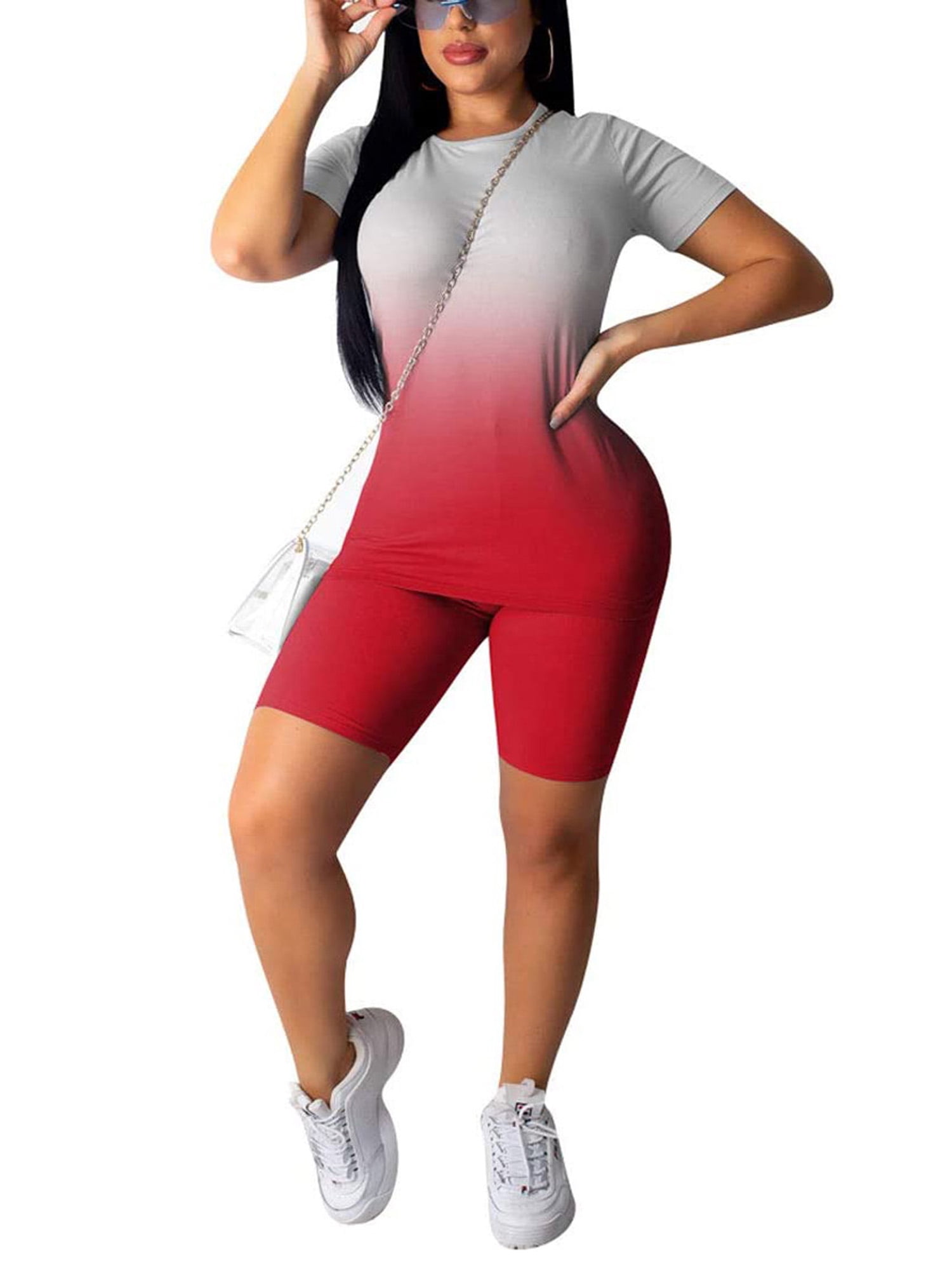 Women 2 Piece Tracksuit Set Short Sleeve T-Shirt Crop Tops High Waist Biker Shorts Pants Yoga Sports Outfit 