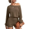 thumbnail image 2 of Ribbed Knit 2 Piece Outfits for Women Casual High Waist Shorts Sets Off Shoulder Long Sleeve Top and Sweatshorts (XL, Khaki), 2 of 7