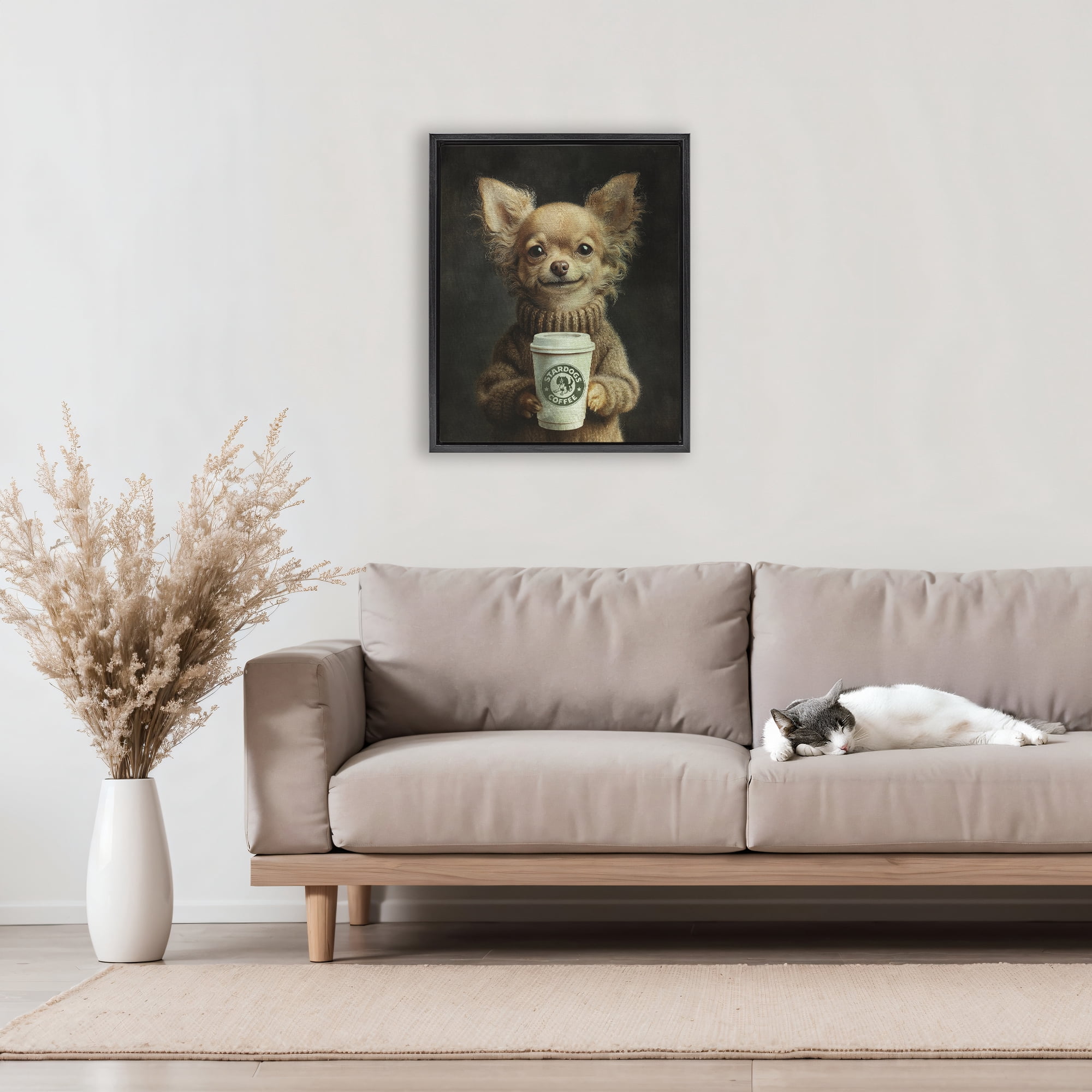 Stupell Industries Espresso Pup in Cozy Sweater Black Framed Floater Canvas Wall Art, design by Svetlana Aleynikova