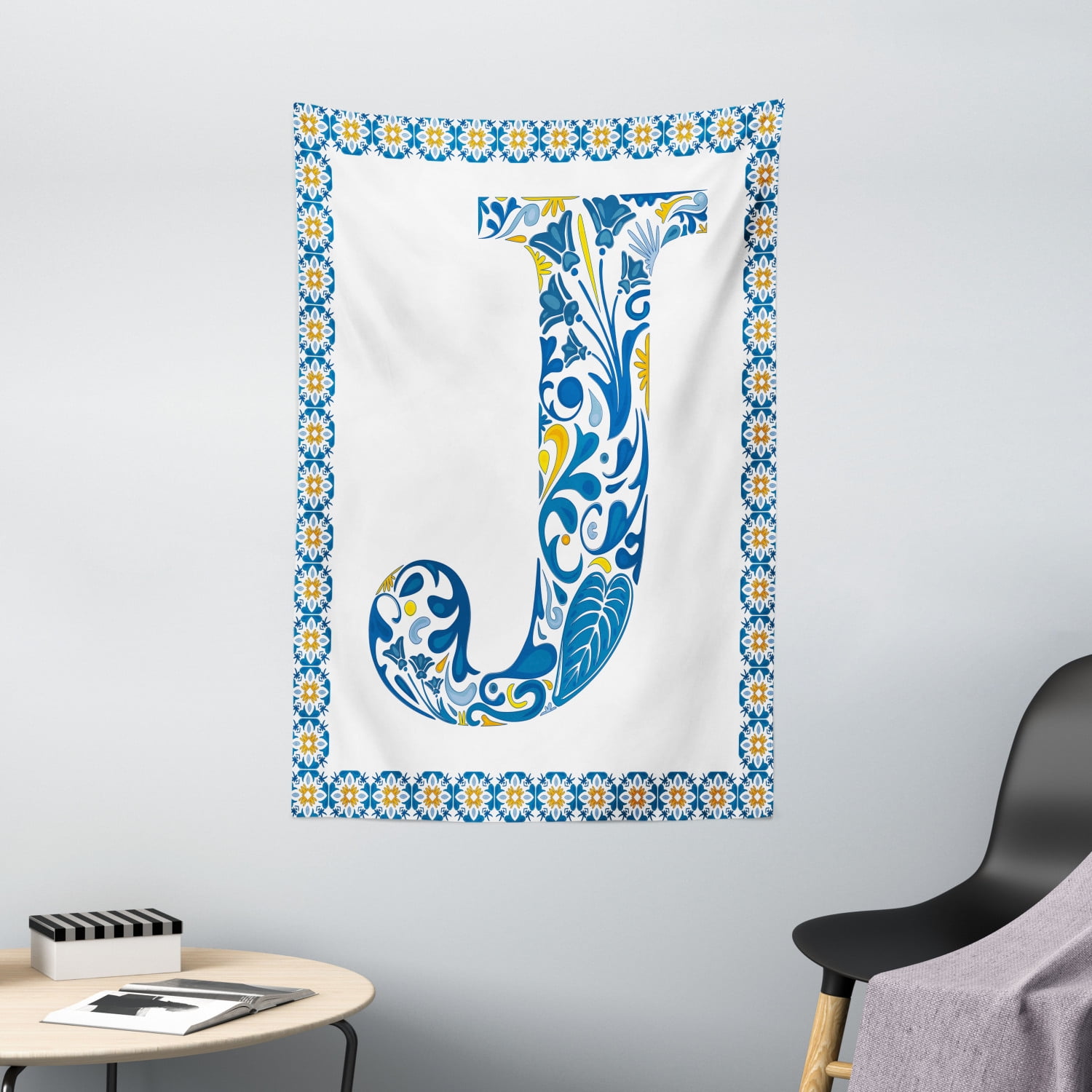 Letter J Tapestry, Illustration of Capital Letter J in Flower Pattern