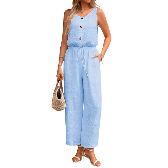 PBFRDSJ Casual Jumpsuits for Women Cut Out Back Sleeveless Button Down Jumpsuit Drawstring Waist Wide Leg Romper for Vacation Beach Travel