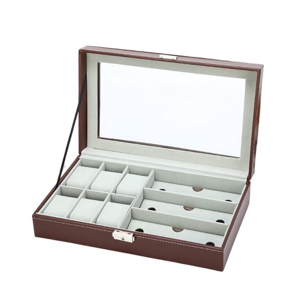 Sonducket Caja para reloj con 6 y 3 ranuras, organizador de gafas de exhibición de almacenamiento de cuero, gafas de sol exquisitas, estuche Ropa, zapatos y accesorios Miscelánea Marrón
