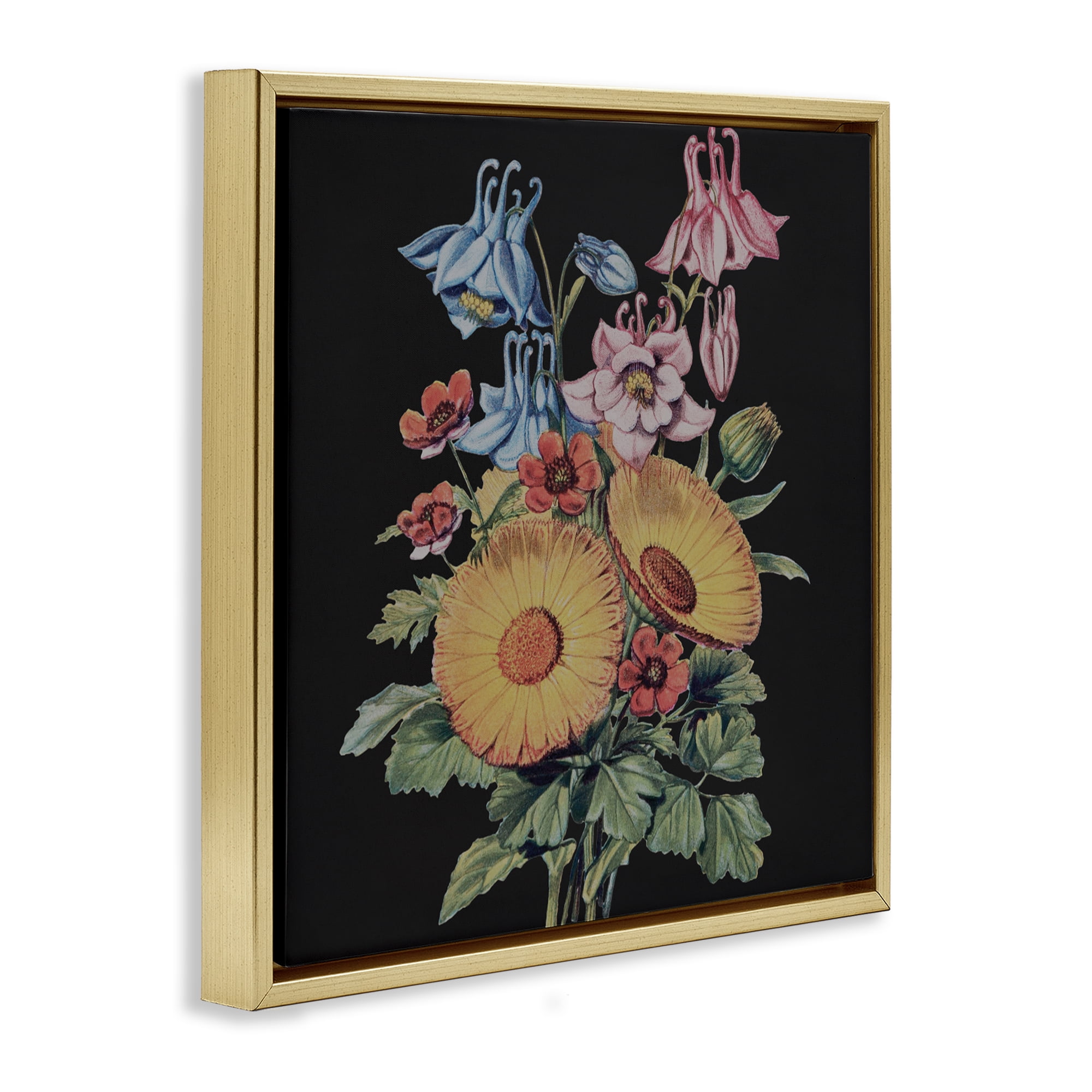 Stupell Industries Vintage Bouquet Study on Black Gold Framed Floater Canvas Wall Art, design by Dan Meneely