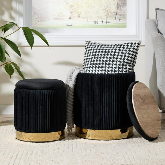 Round Ottoman with Storage Set of 2, Vanity Stool with Storage for Bedroom, Ottoman Coffee Table Gold-Tone Ring Around The Base, Small Velvet Foot Stool for Living Room, Black