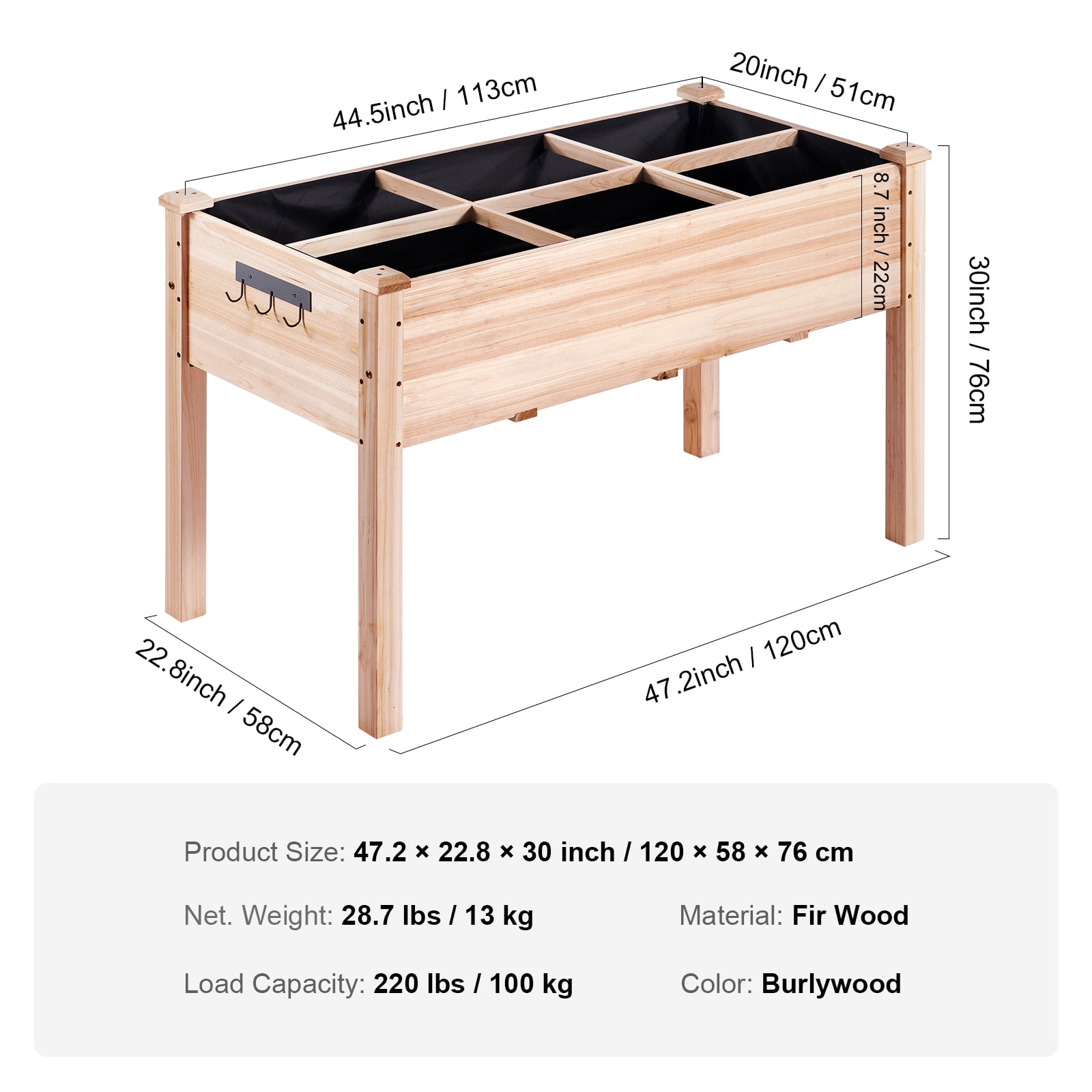 KFFKFF Wooden Raised Garden Bed Planter Box 47.2x22.8x30" Flower Vegetable Herb
