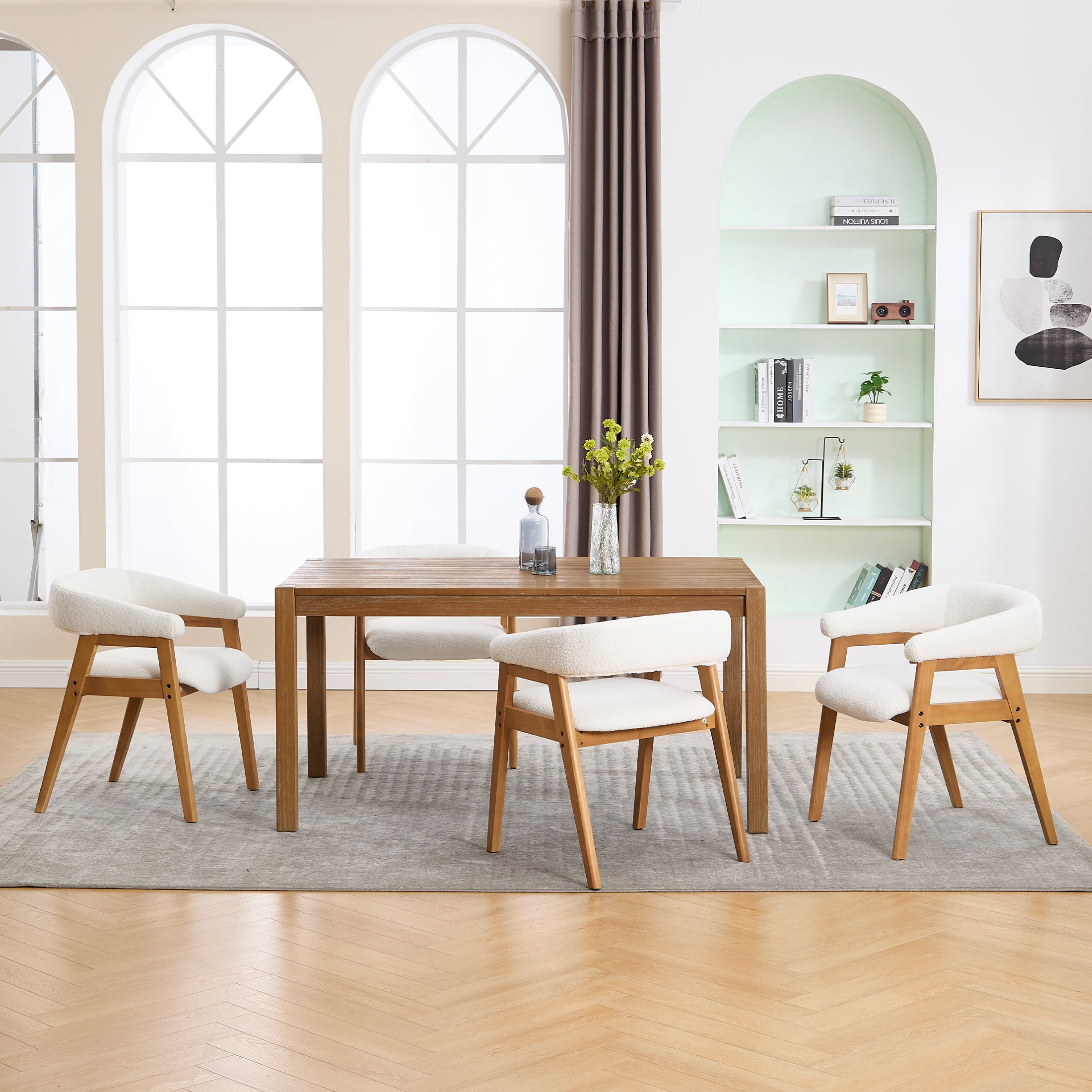 Guyou Modern Dining Chairs Set of 2, Sherpa Upholstered Wooden Kitchen Side Chairs, Barrel Armchair with Curved Backrest for Dining Room Kitchen Living Room, White