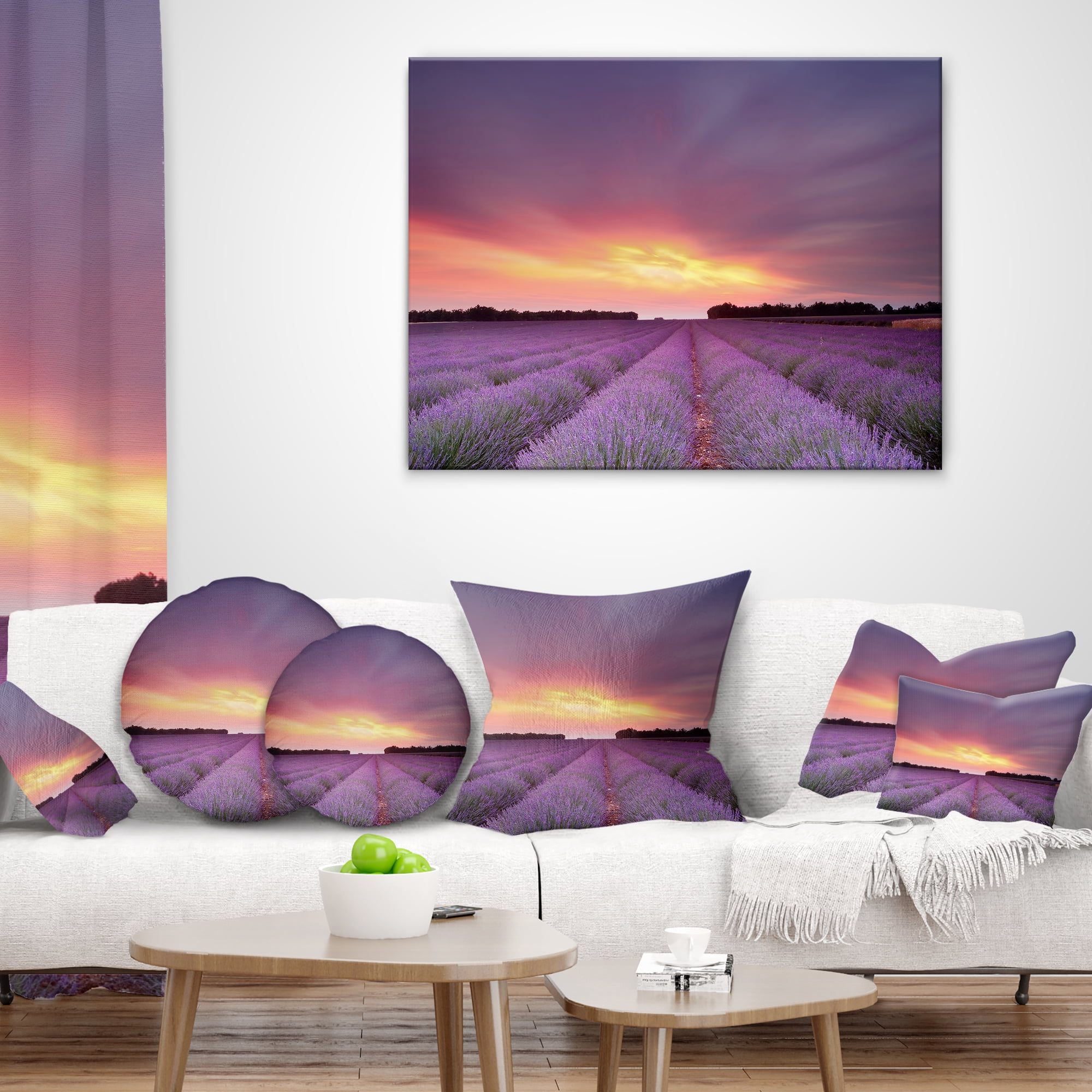 Designart Beautiful Sunset over Lavender Rows - Landscape Printed Throw Pillow - 16x16