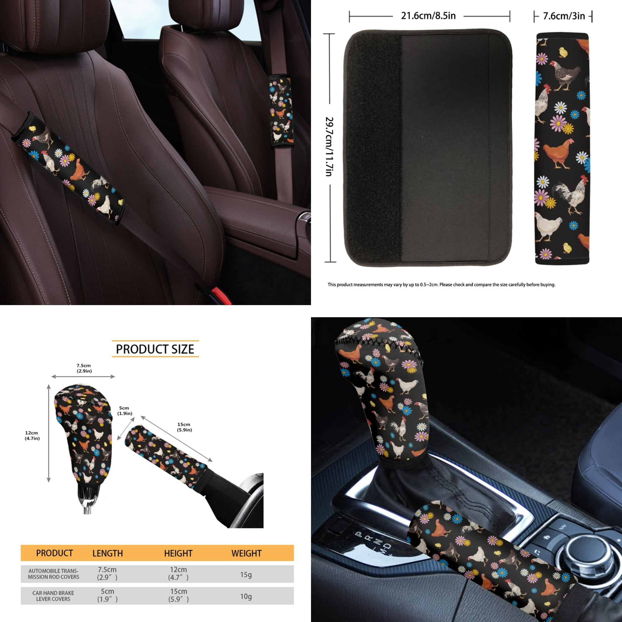 Yuyamidu 14 Pack Chicken Car Seat Covers and Steering Wheel Cover Seat Belt Strap Cover Garbage Bin Hippie Flower Armrest Cover Rearview Mirror Cover Coaster Gear Shift Knob Cover Set Fit SUV Sedan