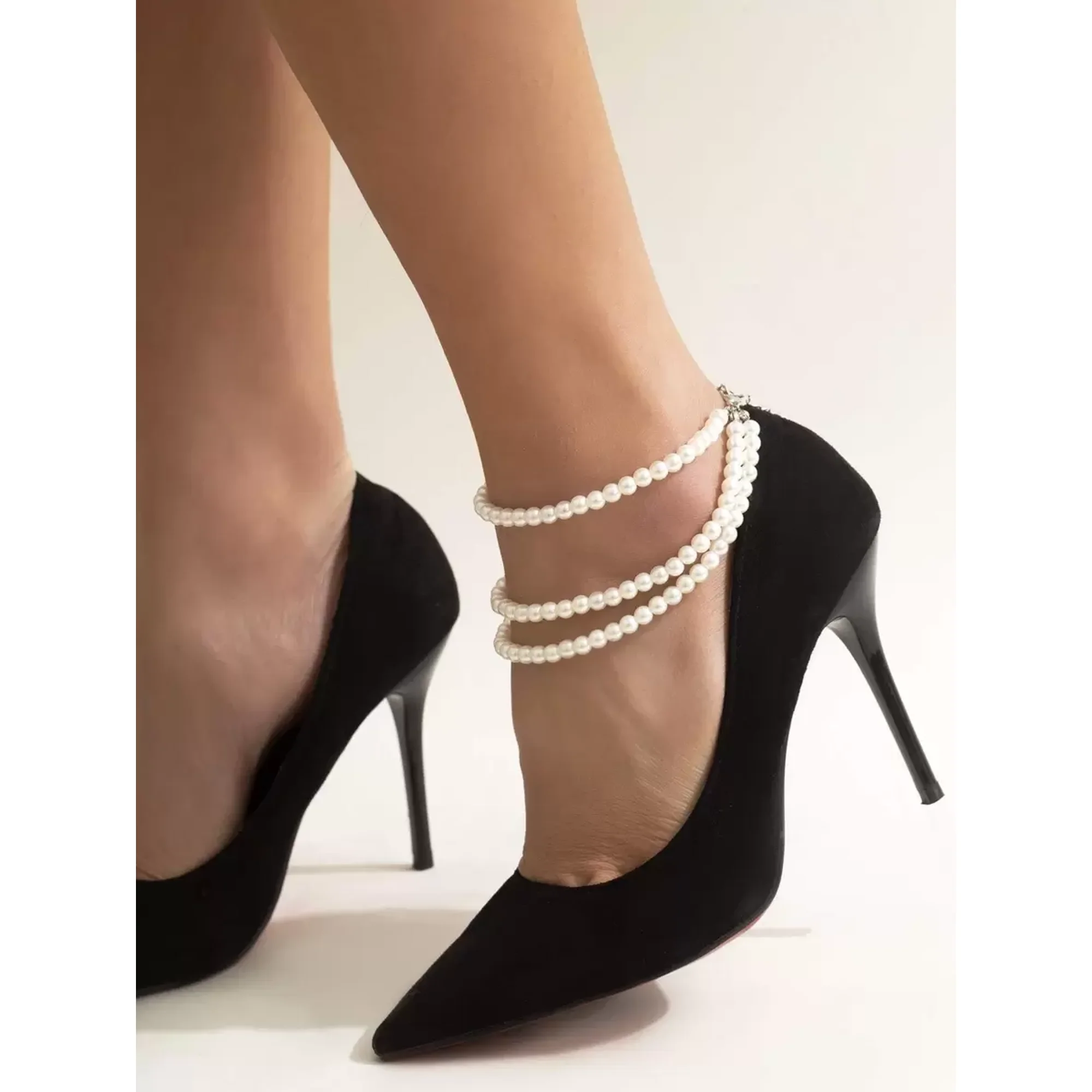 White Triple Strand Faux Pearl Anklet with Lobster Claw Clasp