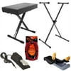On Stage KT7800 Padded Keyboard Bench With On Stage Classic Single-X Keyboard Stand With On Stage KSP100 Universal Sustain Pedal With Keyboard Dust Cover for 88 Key Keyboards + Hot Wires Guitar Instru