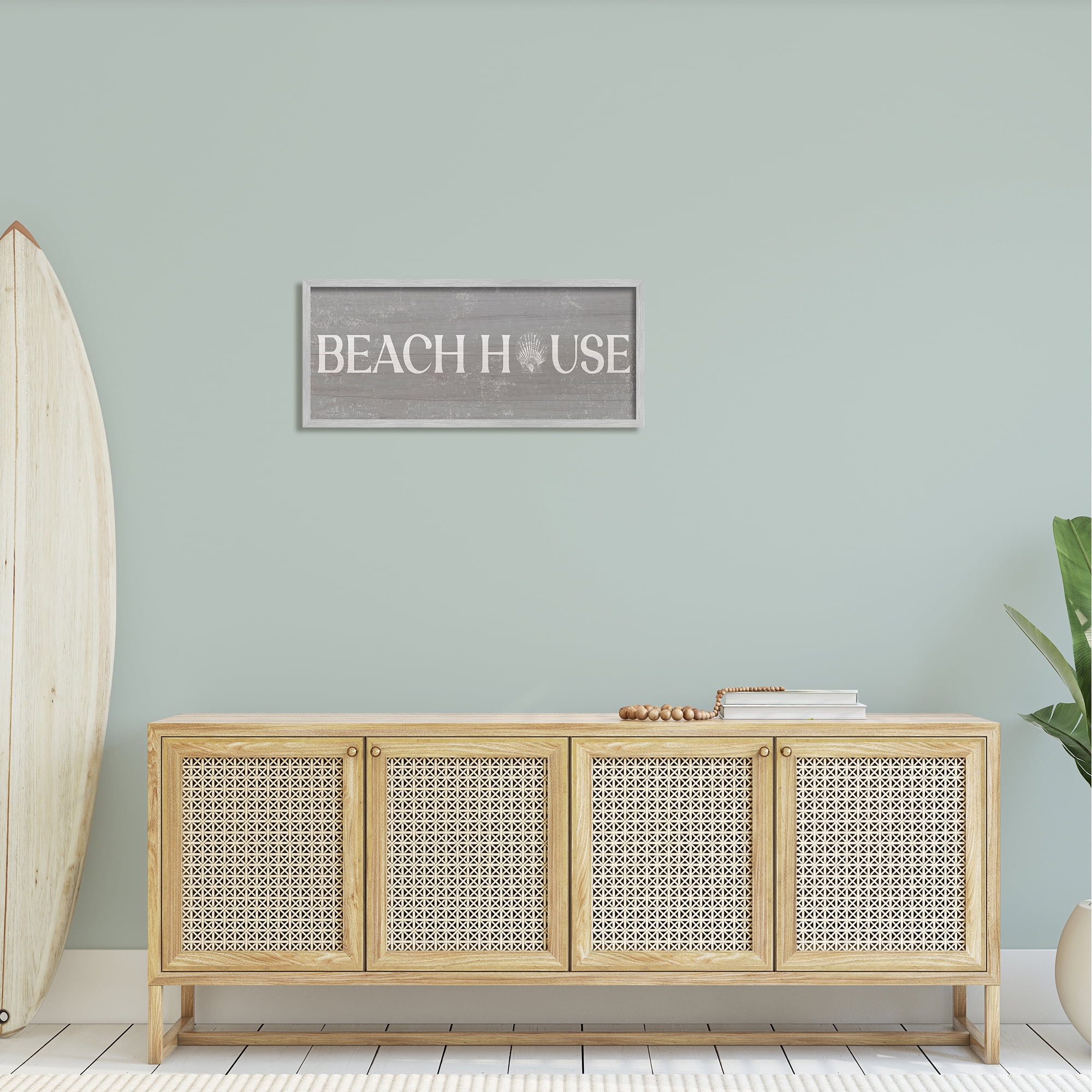 Stupell Industries Beach House Vintage Sign Rustic Shell Design Framed Wall Art, 30 x 13, Design by Daphne Polselli