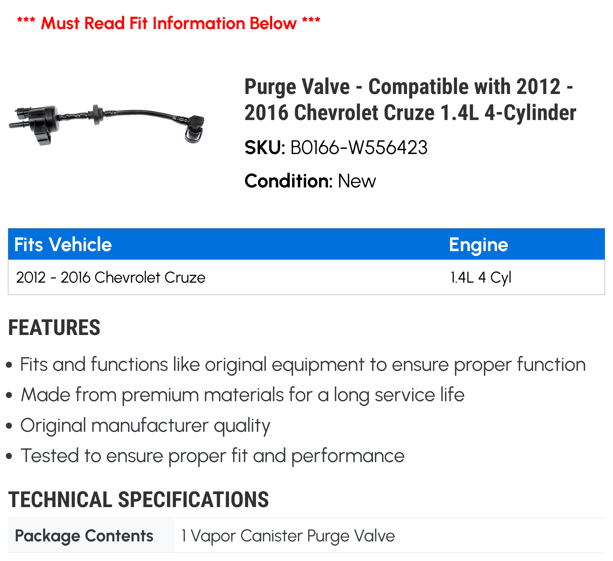 Purge Valve - Compatible with 2012 - 2016 Chevy Cruze 1.4L 4-Cylinder 2013 2014 2015