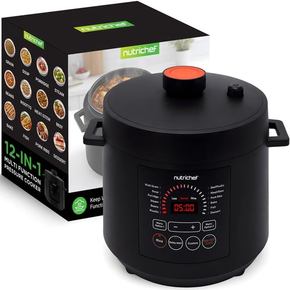 NutriChef 6-Quart Electric Pressure Cooker, 9-Function Digital Countertop Cooker with Adjustable Time & Temperature, Cook, Bake, Steam, Broil & Braise, Black