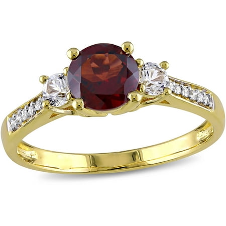 1-1/3 Carat T.G.W. Garnet, Created White Sapphire and Diamond-Accent 10kt Yellow Gold 3-Stone Ring