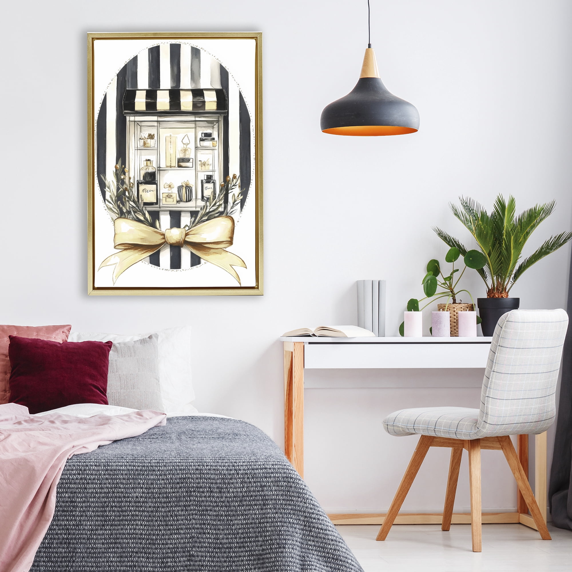 Stupell Industries Maison Perfume Window Display Gold Framed Floater Canvas Wall Art, design by Petal Prints Design