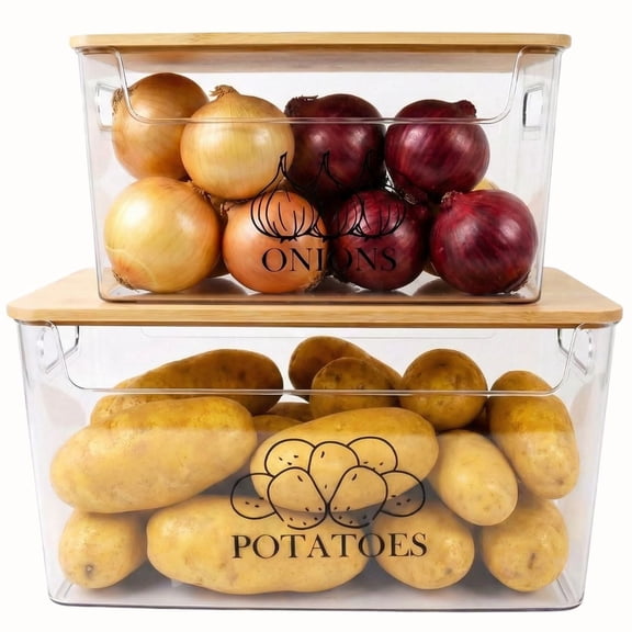Pethiy Pantry Organizers Storage,2 Set Stackable Kitchen Counter Organizers for Onion,Potato,Fruit,Produce,Vegetable,Potato Onion Storage with Bamboo Lid
