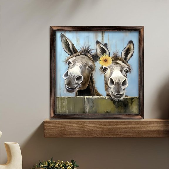 Room Decor Art Prints: Donkey Wooden Art Prints Wall Art,Cute Donkeys with Sunflower Painting Farm Animal Picture Farmhouse Artwork for Bathroom Vintage 08×08inch(20×20cm)