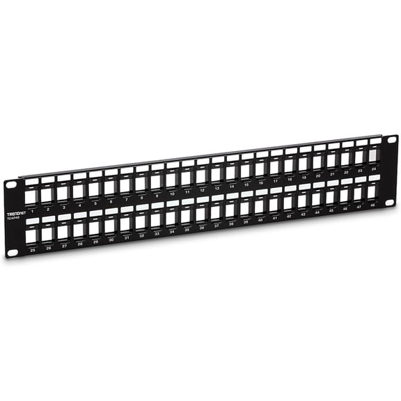 TRENDnet TC-KP48 48-Port Blank Keystone Patch Panel for Cat6 Keystone Jacks, 2U 19-Inch Rackmount, Black