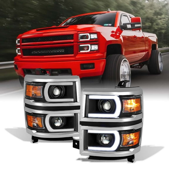 AKKON - For [U Neon Bar Style] [Black] 2014 2015 Chevy Silverado 1500 LED DRL Projector LH   RH Side Headlights