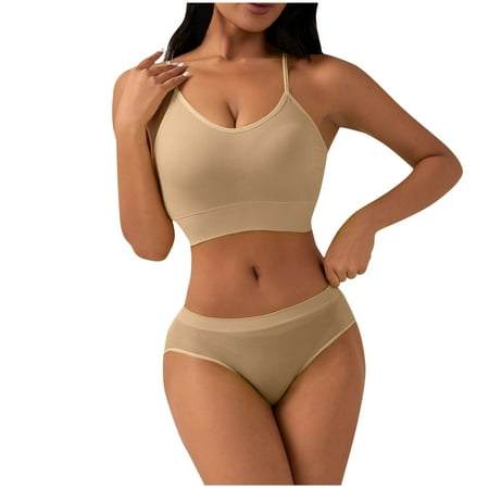 Summer Savings Clearance! Ynynloco Women s Spaghetti Straps Wireless Sports Bras with High Waisted Panty Comfy Seamless Workout 2 Piece Yoga Lingerie Set