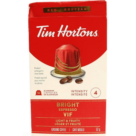 Tim Hortons Bright Espresso, Fine Grind Coffee, Nespresso Aluminum Capsules, 10 Capsules, 52g/1.8 oz