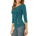 thumbnail image 4 of INSPIRE CHIC Women's Ruched Blouse Button Decor V Neck 3/4 Sleeve Solid Knit Top M Blue Green, 4 of 7
