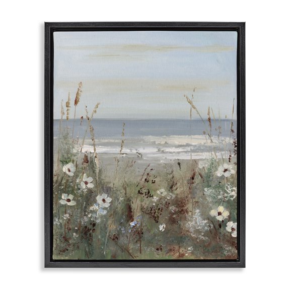 Stupell Industries Coastal Wildflower Coastline Scene Black Floating Frame Canvas Art, 17 x 21, by Sally Swatland