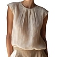 thumbnail image 2 of Linen Blouse for Women Crewneck Cap Sleeve Boho Loose Fit Pleated Front Solid Color Feel Breathable Lightweight Summer Fashion Tops, 2 of 8
