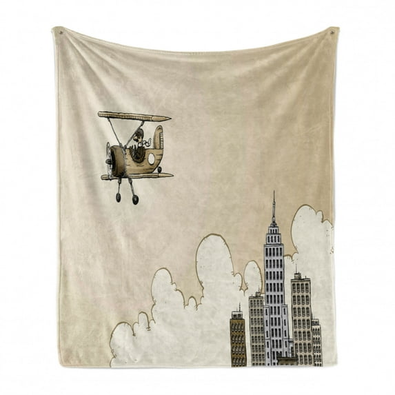 Vintage Airplane Soft Flannel Fleece Throw Blanket, Cartoon Style Biplane in Modern City Clouds and High Rise Buildings, Cozy Plush for Indoor and Outdoor Use, 50" x 70", Tan White Grey, by Ambesonne