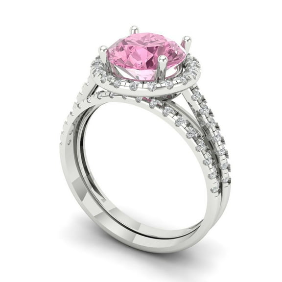 2.56 ct Brilliant Round Cut Pink Zircon 14k White Gold Halo Solitaire with Accents Engagement Bridal Wedding Ring Band Set size 6.25