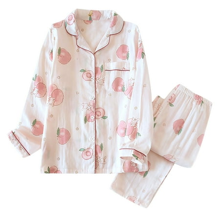 

Women s Cotton Pajamas Casual Soft Printed Long Sleeve Lapel Button Down Tops and Pants Set Sleepwear with Pockets