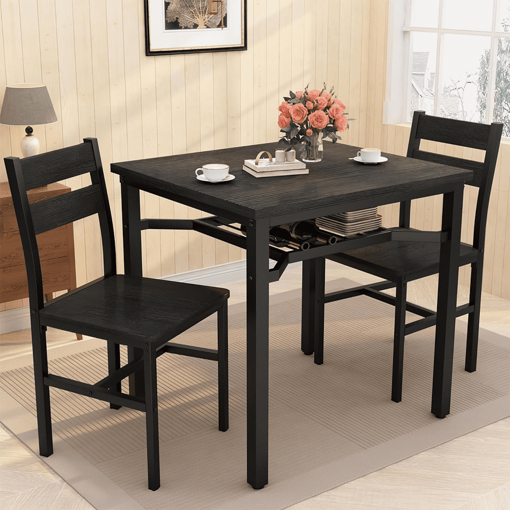 LinkRomat Small Dining Table for 2, Wooden Dinner Table with Storage, 3 Piece Farmhouse Square Dinette Set for Dining Room, Apartment, Small Space