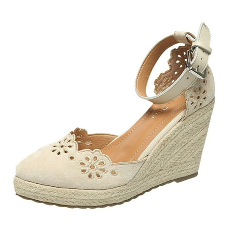 

Cathalem Embroidered Hollow Out Wedge Heels Women Rope Shoes Ankle Wrap Toe Platform Retro Lady Comfy Espadrille Pumps Beige 37