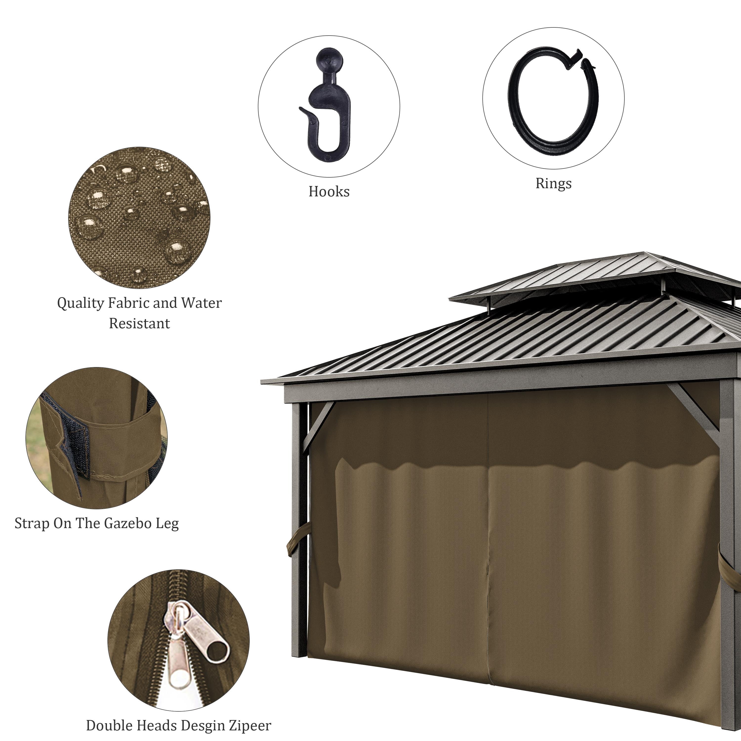 Pakunoda 11' X 6.5' Gazebo Universal Replacement Privacy 4-Panel Curtains, Waterproof Outdoor Curtains Sand Sidewall with Zipper for Patio Garden Backyard 10' X 12' Gazebo, Curtain Only