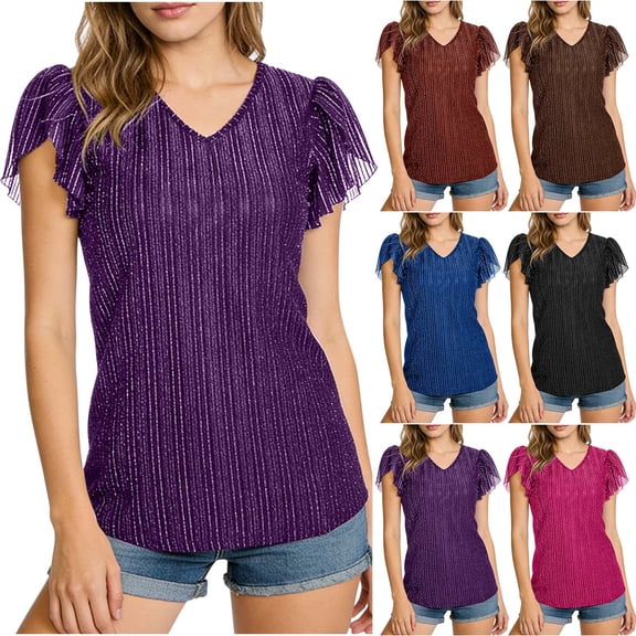 Thousandth Trendy Tops for Women 2026 V-Neck Flutter Casual Shirts Summer Short Sleeve Blouses Breathable T-Shirts Sparkly Striped Dressy Tops for Women