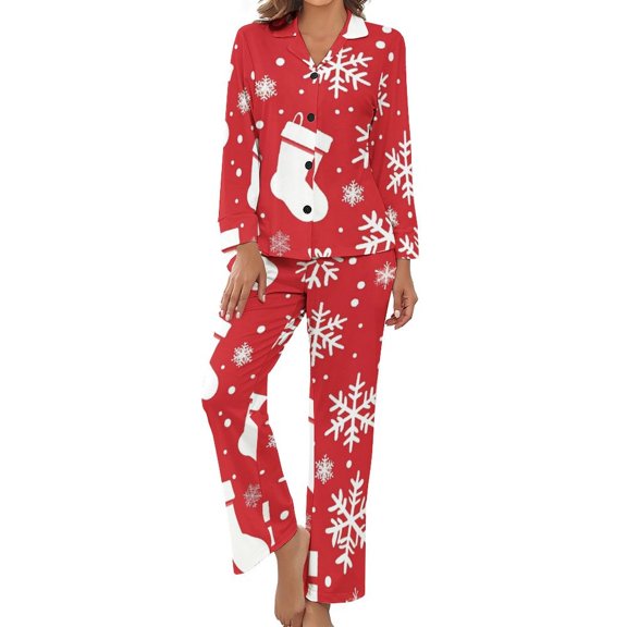 PoBuds Women's Long Sleeve Flannel Pajama Set Sleepwear Snow Gift Sock Christmas Pattern L
