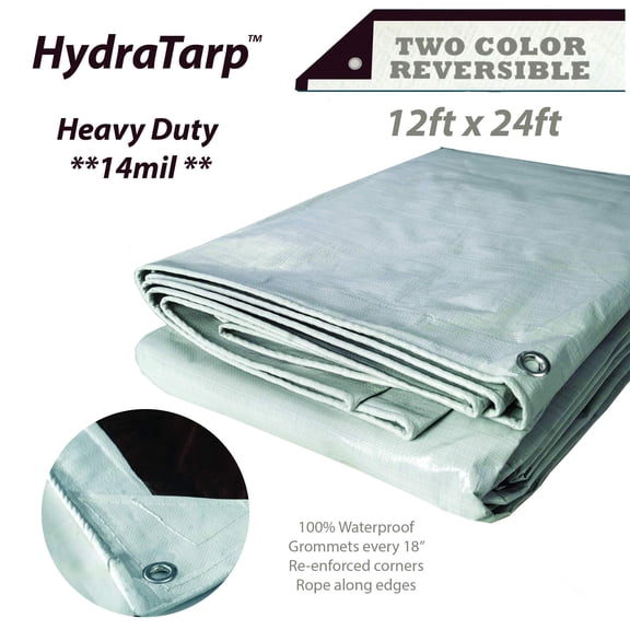 HydraTarp 12ft X 24ft Heavy Duty Waterproof Tarp - 14mil Thick - White / Brown Reversible Tarp