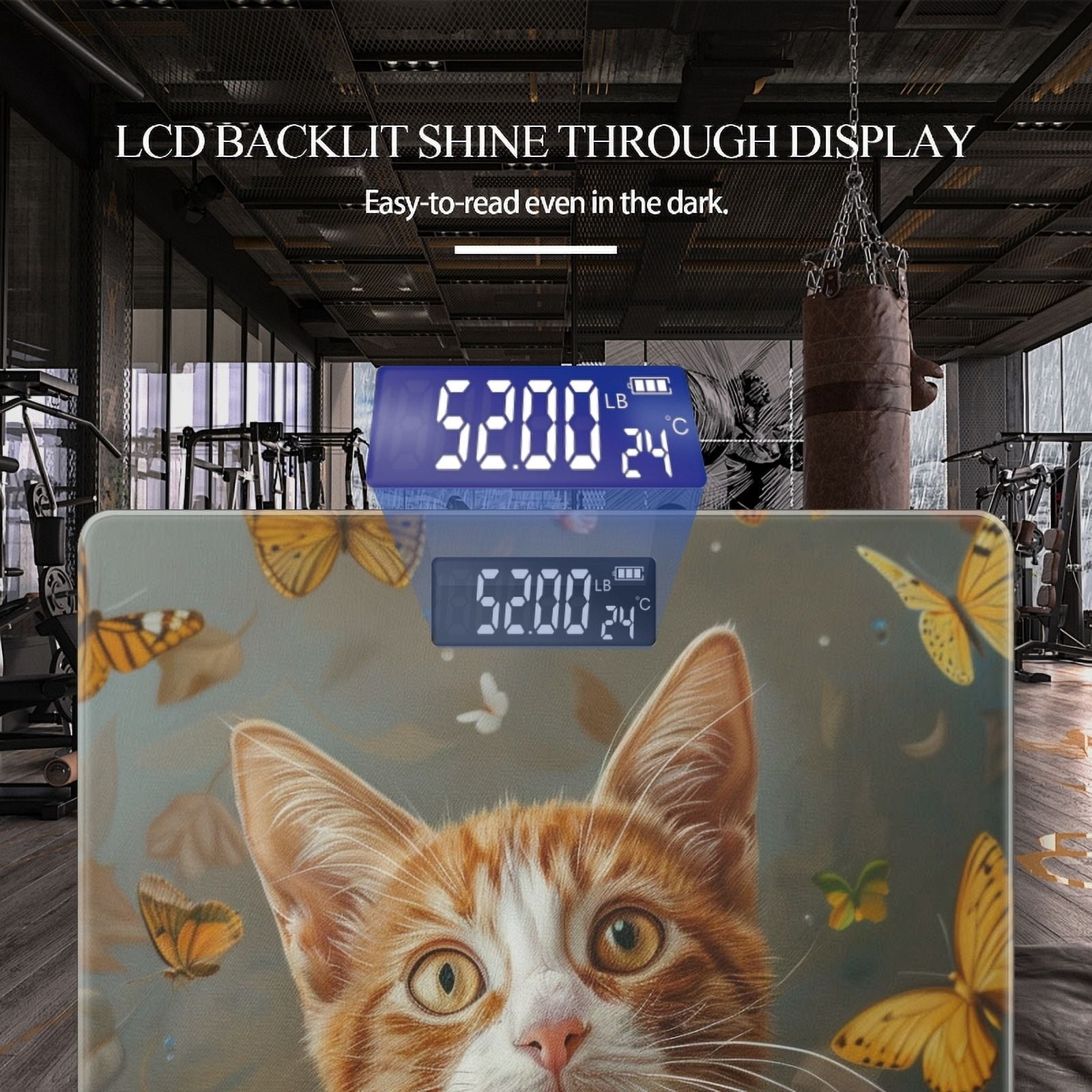 High Precision Body Weight Scale Smart Bathroom Scales with Large LCD Display(400lbs),Decorative for Bedroom-Orange And White Cat Surrounded By Butterflies