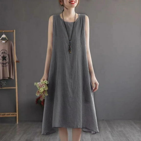 Meichang Women's Linen Summer Dresses 2025 Vacation Sundresses Sleeveless Scoop Neck Midi Dresses Casual Solid Loose Fit Flowy Swing Beach Dress