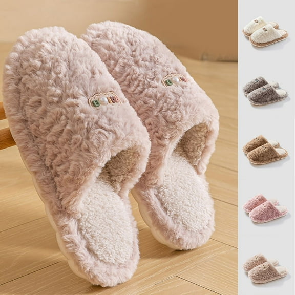 Pandaie Women's Fuzzy Scuff Slippers Soft Comfy Slip on Bedroom House Shoes Memory Foam Indoor Outdoor Slides Beige 6