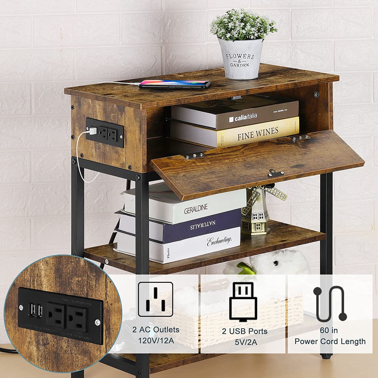 Oumilen End Table with Drawer and Charging Station, Brown