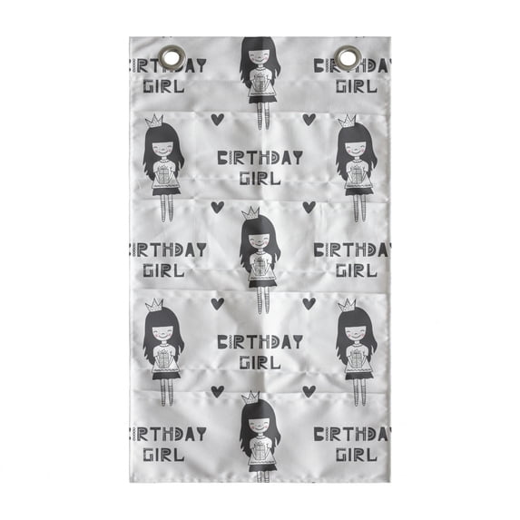 Birthday Hanging Pocket Organizer, Little Girl with Gift Box Birthday Girl in Scandinavian Style, Printed Polyester Storage Bag with Pockets, 21" x 31", White Grey and Charcoal Grey