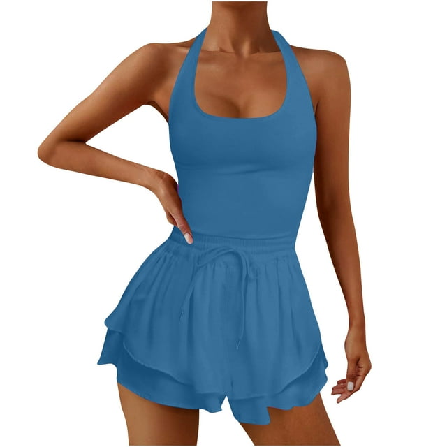 Kaemgyyd Womens Workout Rompers Stretchy Sleeveless Athletic Running One-Piece Outfit Fashion Drawstring Halter Gym Yoga Jumpsuits