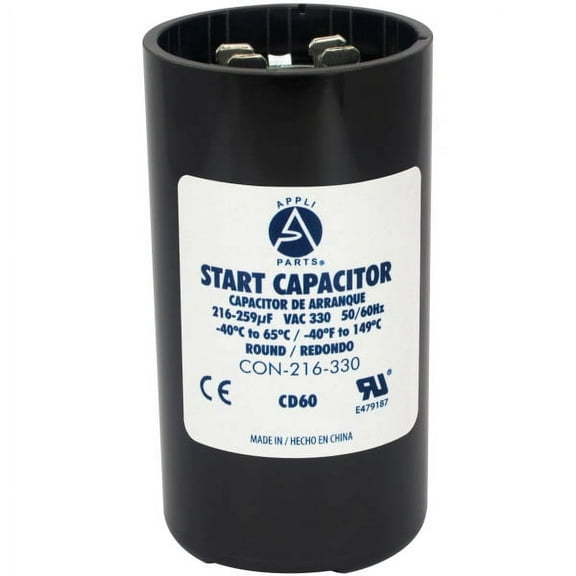 Appli Parts motor start capacitor 216-259 Mfd (microfarads) uF 330 VAC universal fit for electric motor applications 1-3/4 in Wide 3-3/8 in Height CON-216-330