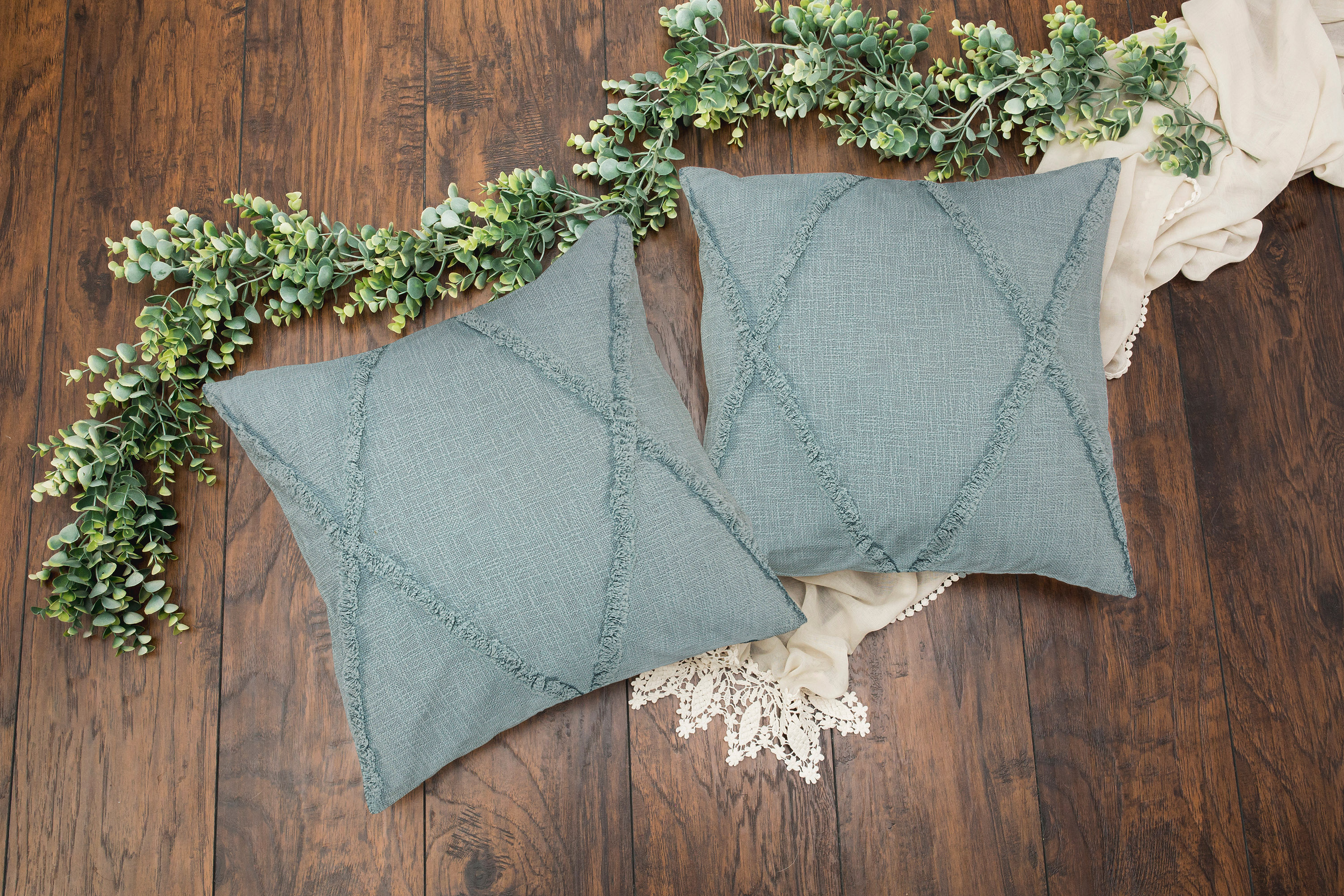 LR Home Sara Set of 2 Shag Diamond 18" x 18" Palladian Blue Cotton Adult Decorative Throw Pillows