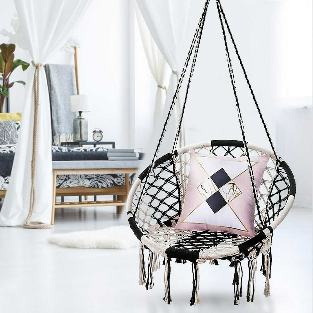 Hammock Chair Macrame Swing, Handmade Knitted Hanging Cotton Rope Chair ï¼330 Pounds Capacity 